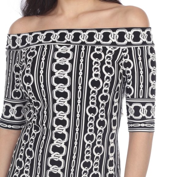 NWT Size 10 Joseph Ribkoff Black/Vanilla Chain Print Off-Shoulder Dress 203637 - Picture 5 of 5